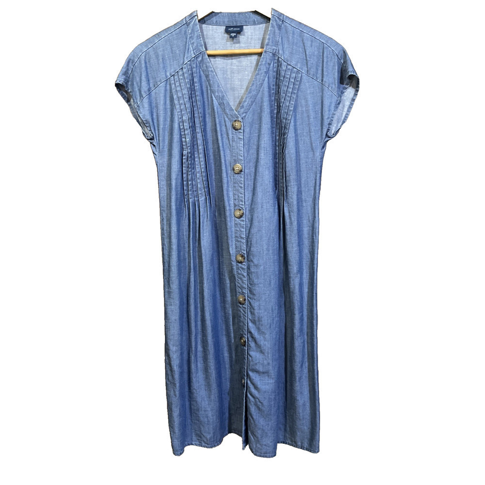 J JILL Denim Chambray Pintuck Shift Dress Size XS Linen Blend Preppy Coastal